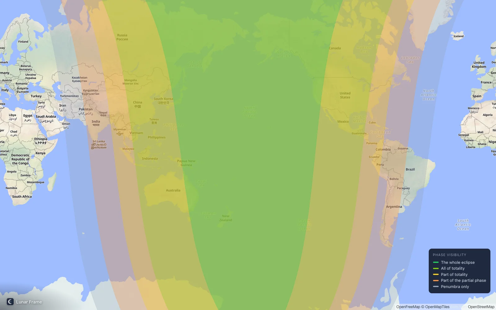 Coverage map: Total lunar eclipse 3 March 2026