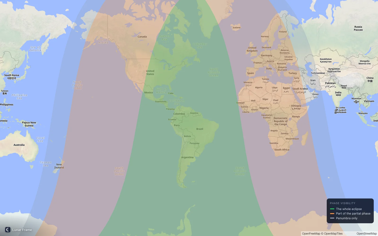 Coverage map: Partial lunar eclipse 28 August 2026