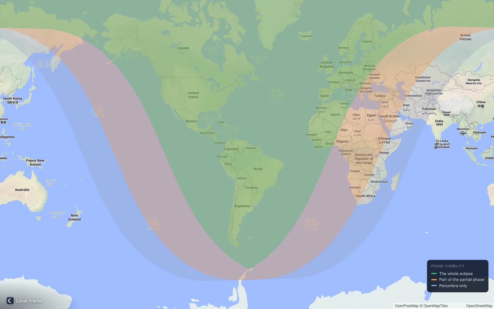 Coverage map: Partial lunar eclipse 12 January 2028
