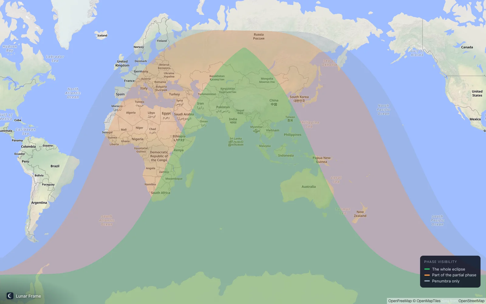 Coverage map: Partial lunar eclipse 6 July 2028