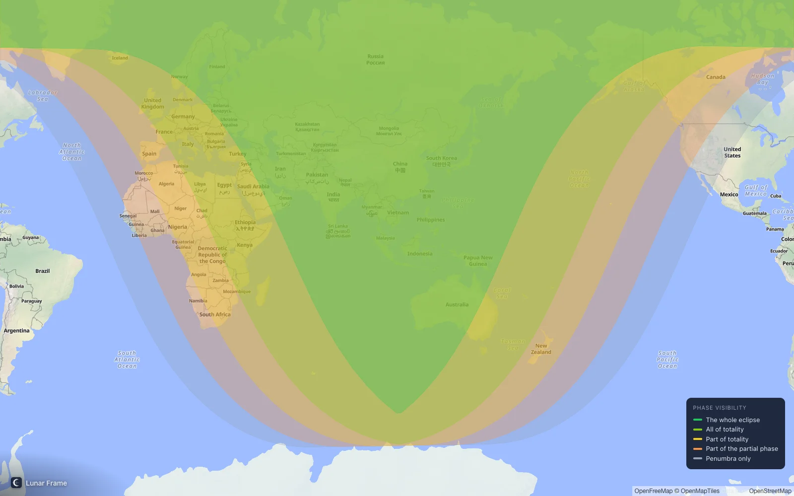 Coverage map: Total lunar eclipse 31 December 2028