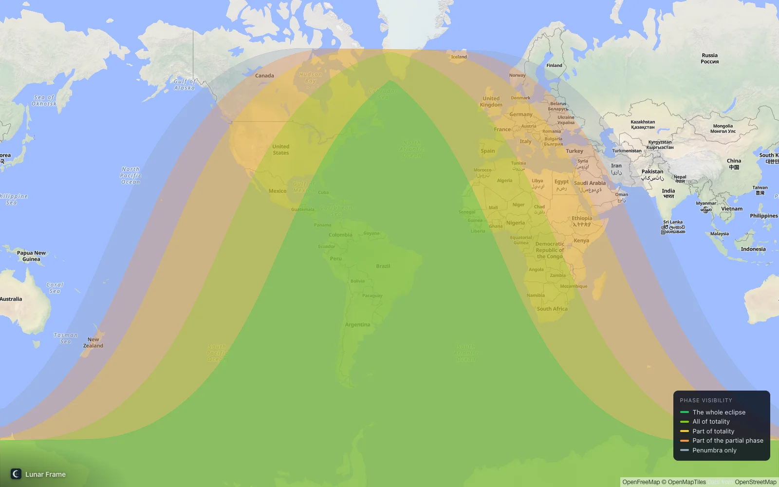 Coverage map: Total lunar eclipse 26 June 2029