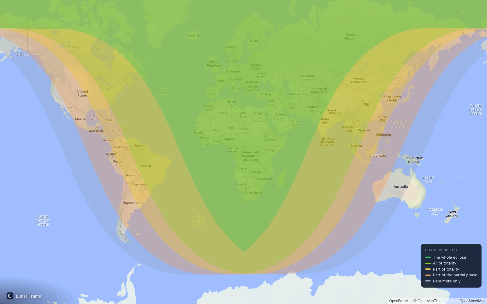 Coverage map: Total lunar eclipse 20 December 2029