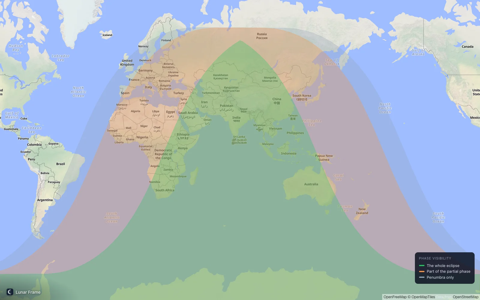 Coverage map: Partial lunar eclipse 15 June 2030