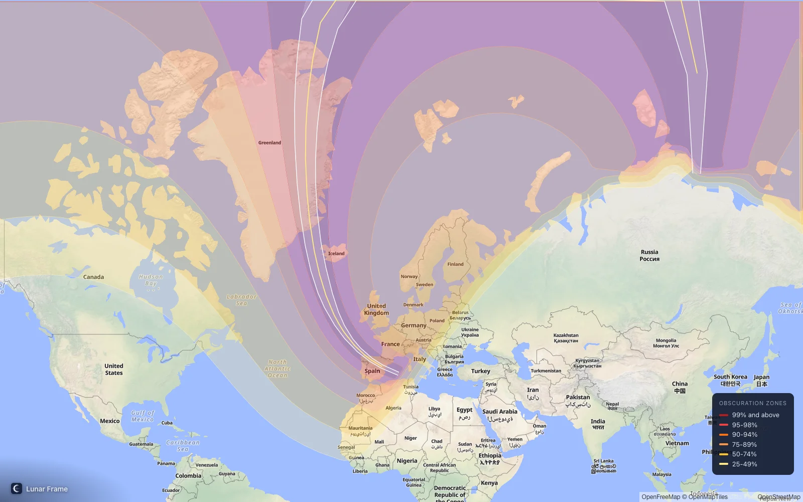 Coverage map: Total solar eclipse 12 August 2026