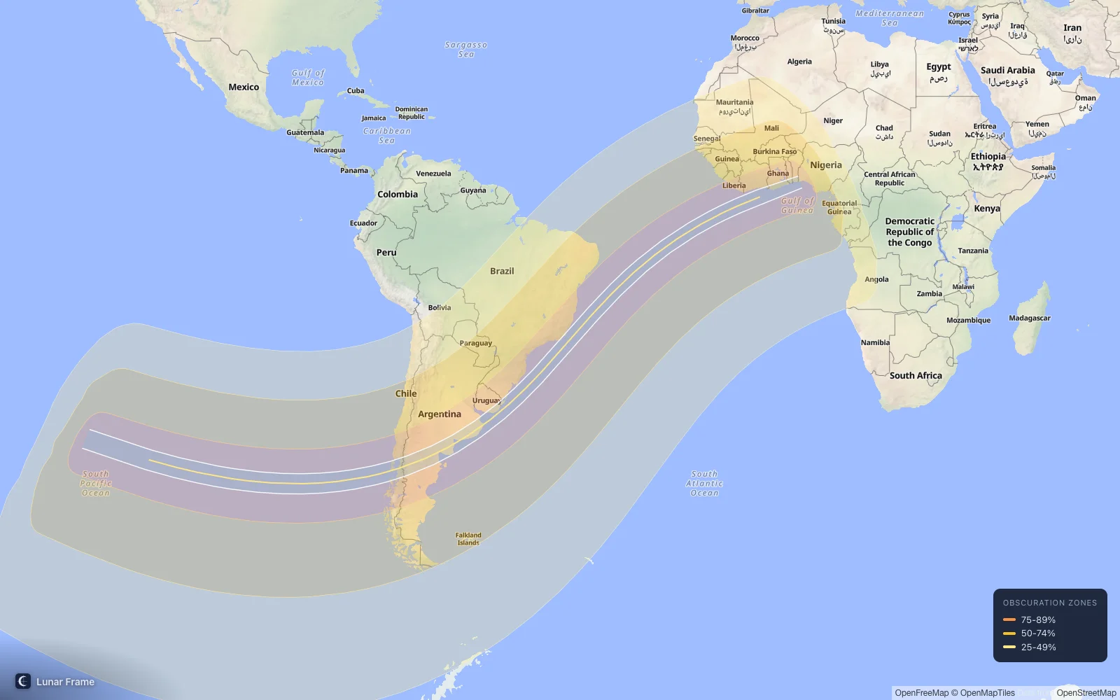 Coverage map: Annular solar eclipse 6 February 2027
