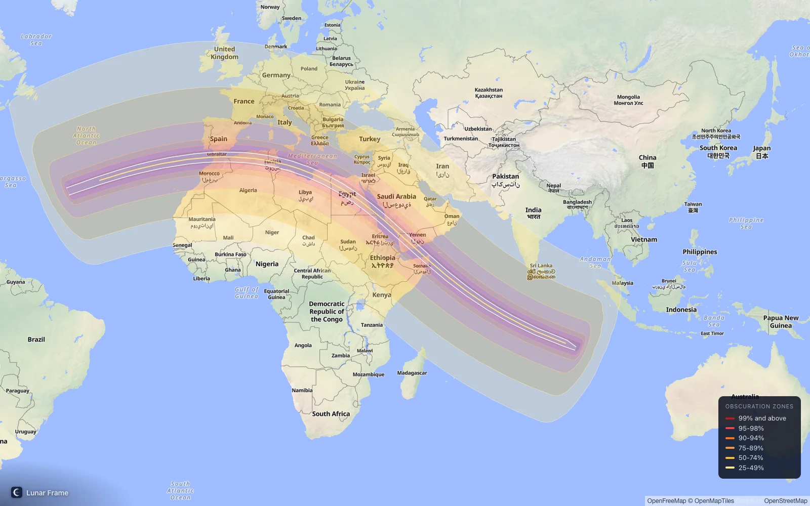 Coverage map: Total solar eclipse 2 August 2027