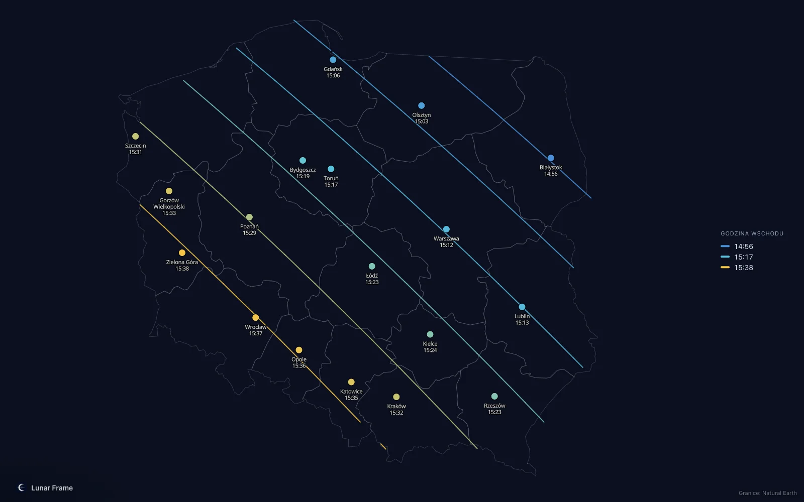Mapa godzin wschodu Księżyca nad Polską: Pełnia Księżyca 3 stycznia 2026