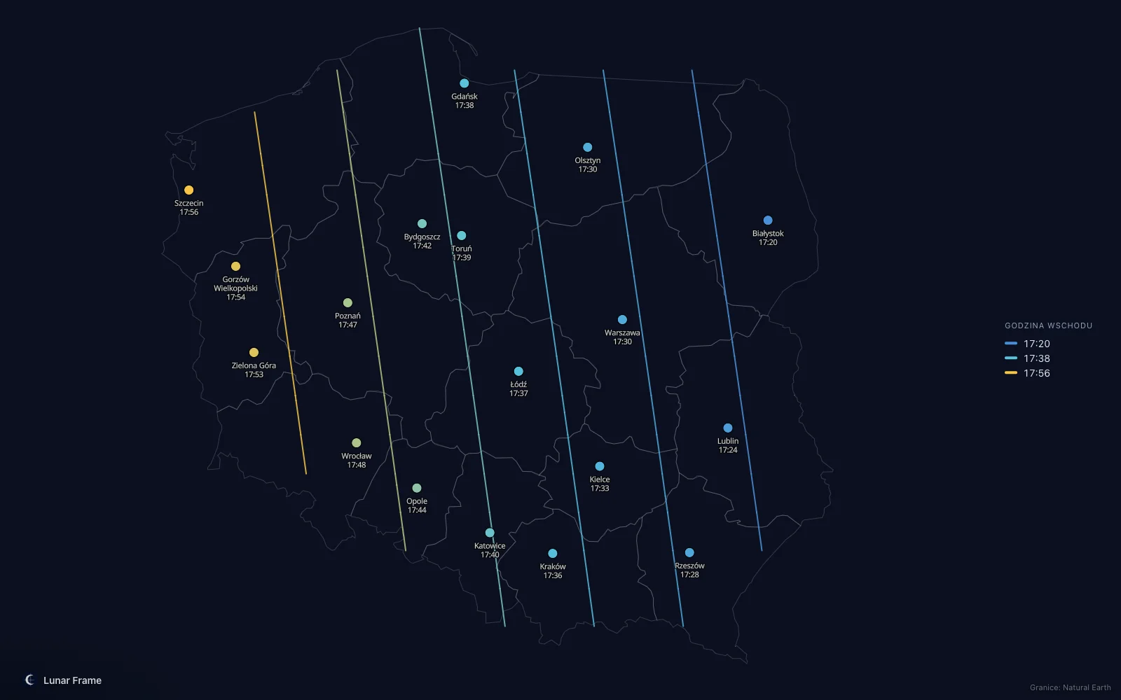 Mapa godzin wschodu Księżyca nad Polską: Pełnia Księżyca 3 marca 2026