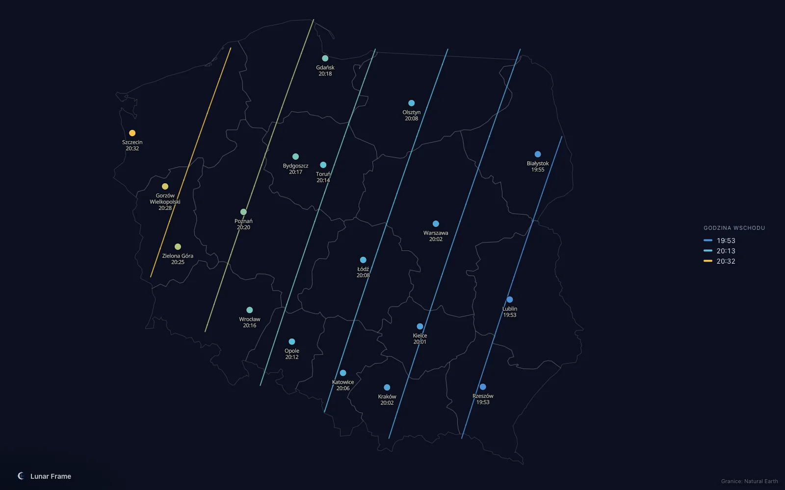 Mapa godzin wschodu Księżyca nad Polską: Pełnia Księżyca 2 kwietnia 2026