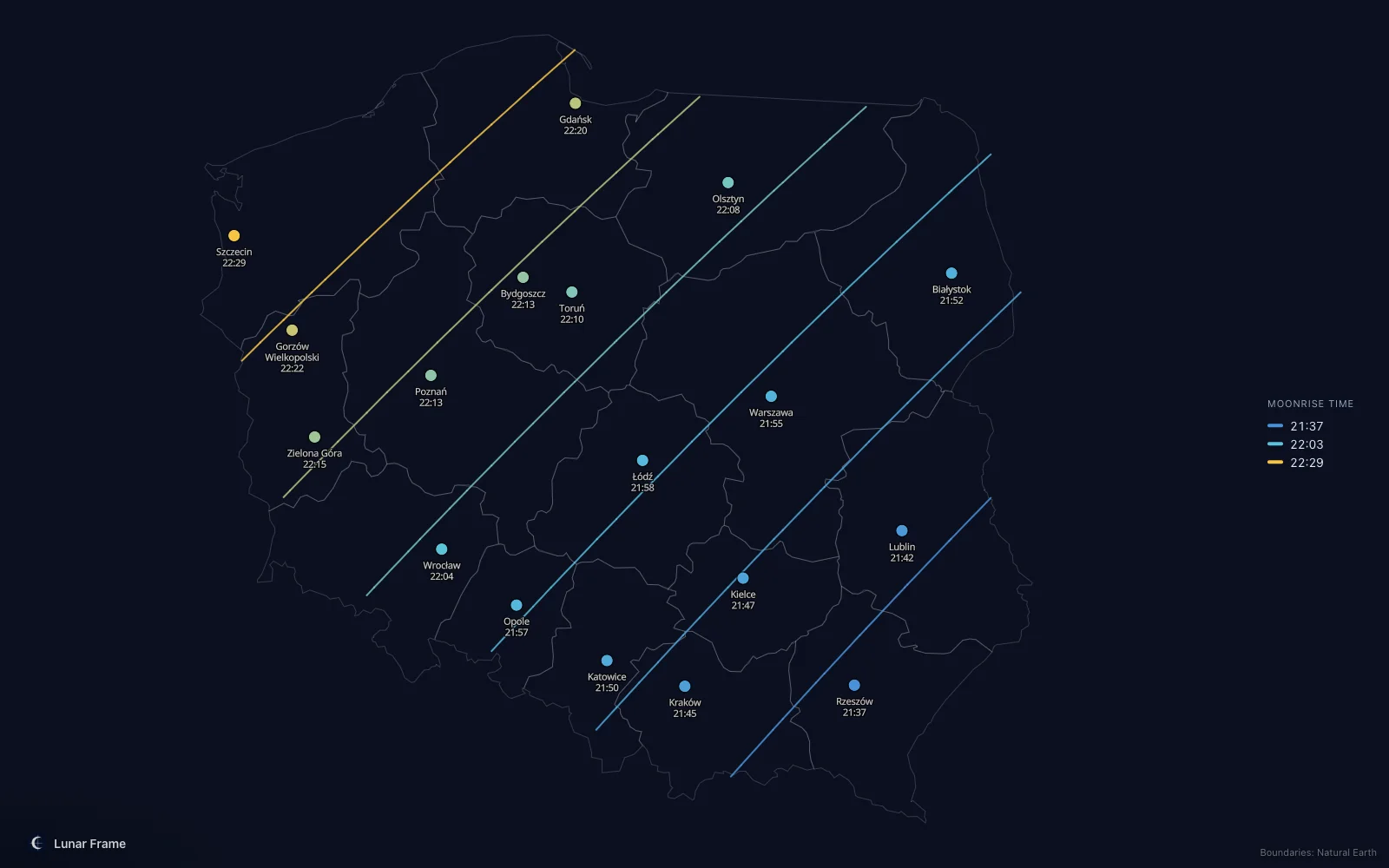 Map of moonrise times over Poland: Full moon on 30 June 2026