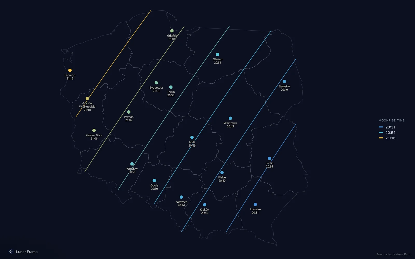 Map of moonrise times over Poland: Full moon on 29 July 2026