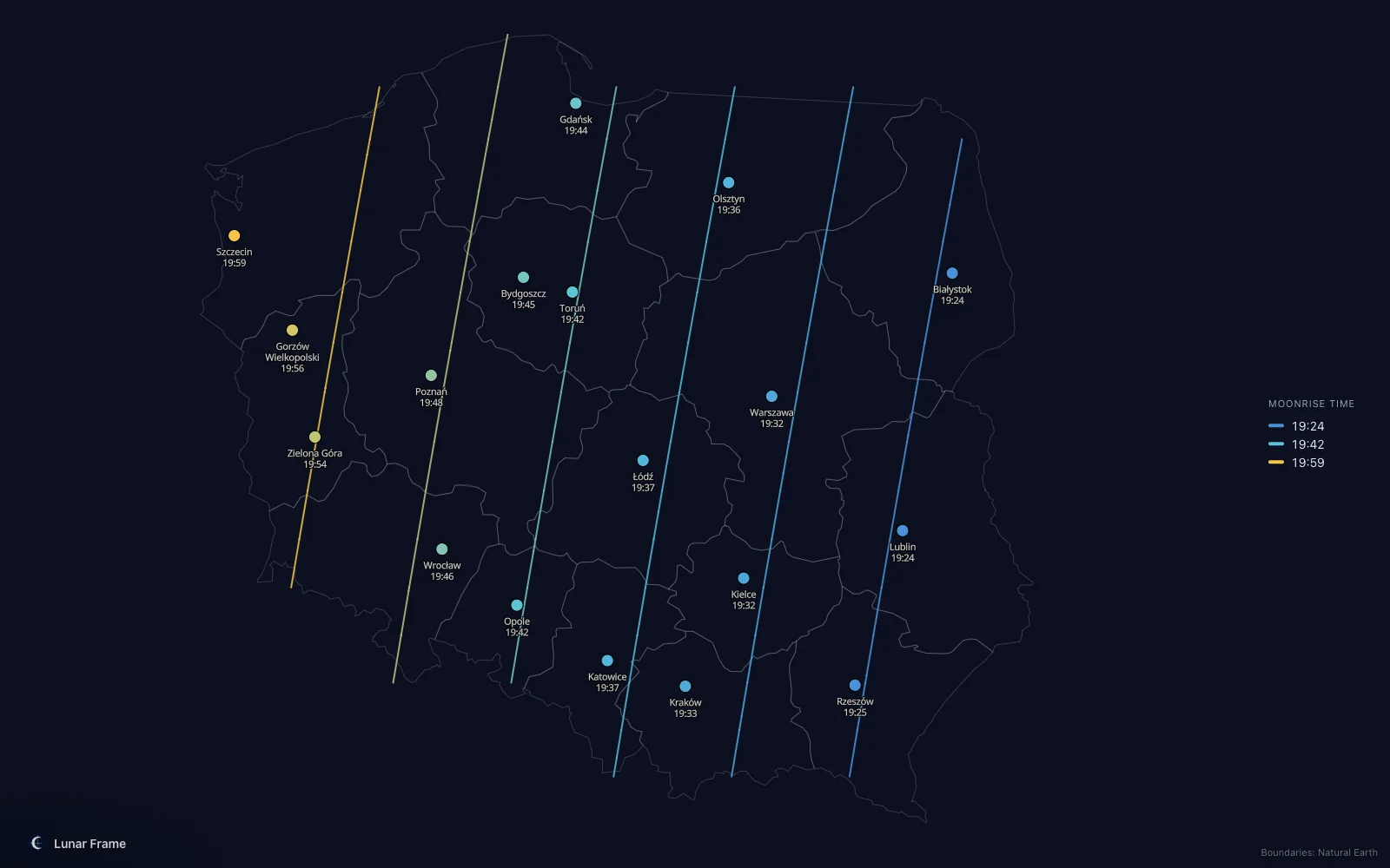 Map of moonrise times over Poland: Full moon on 28 August 2026