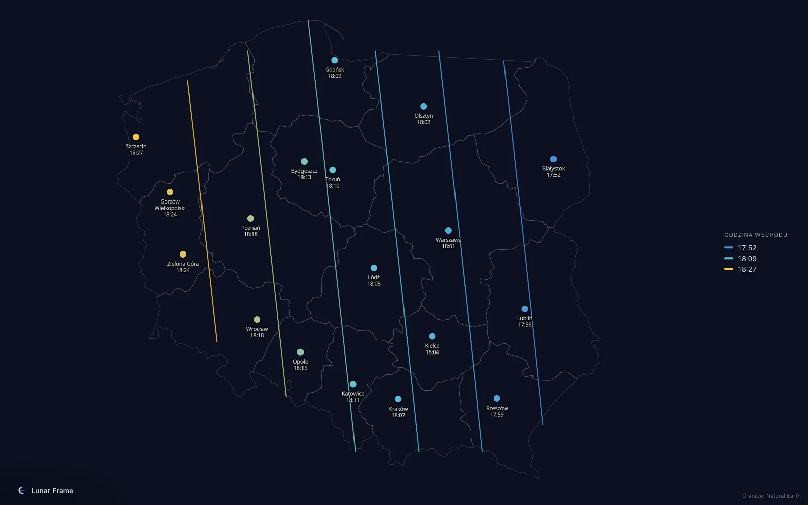 Mapa godzin wschodu Księżyca nad Polską: Pełnia Księżyca 26 września 2026
