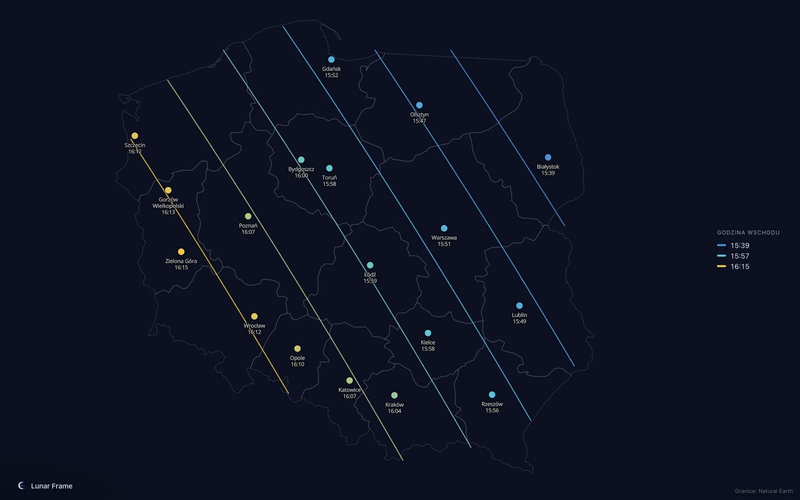 Mapa godzin wschodu Księżyca nad Polską: Pełnia Księżyca 26 października 2026