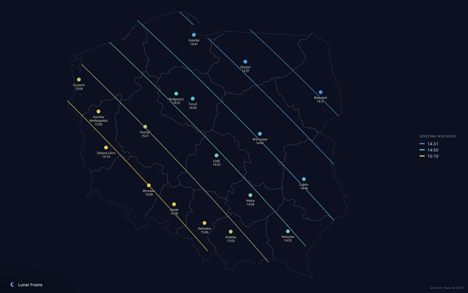 Mapa godzin wschodu Księżyca nad Polską: Pełnia Księżyca 24 listopada 2026
