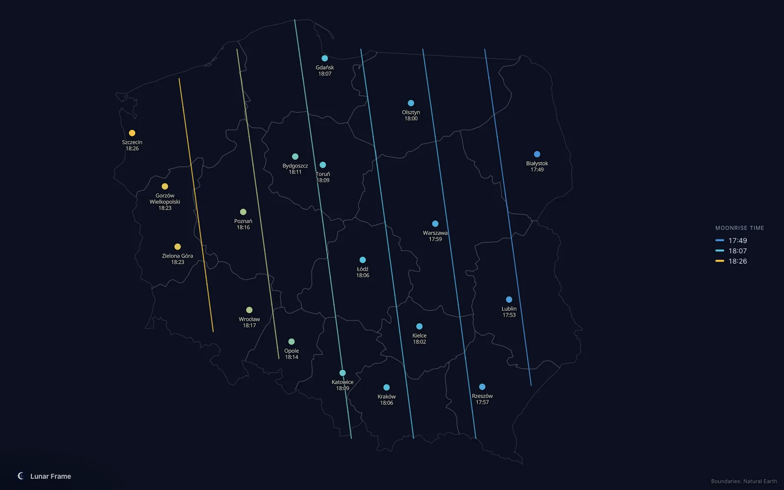 Map of moonrise times over Poland: Full moon on 21 February 2027