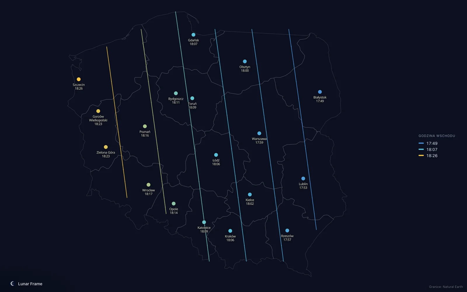 Mapa godzin wschodu Księżyca nad Polską: Pełnia Księżyca 21 lutego 2027