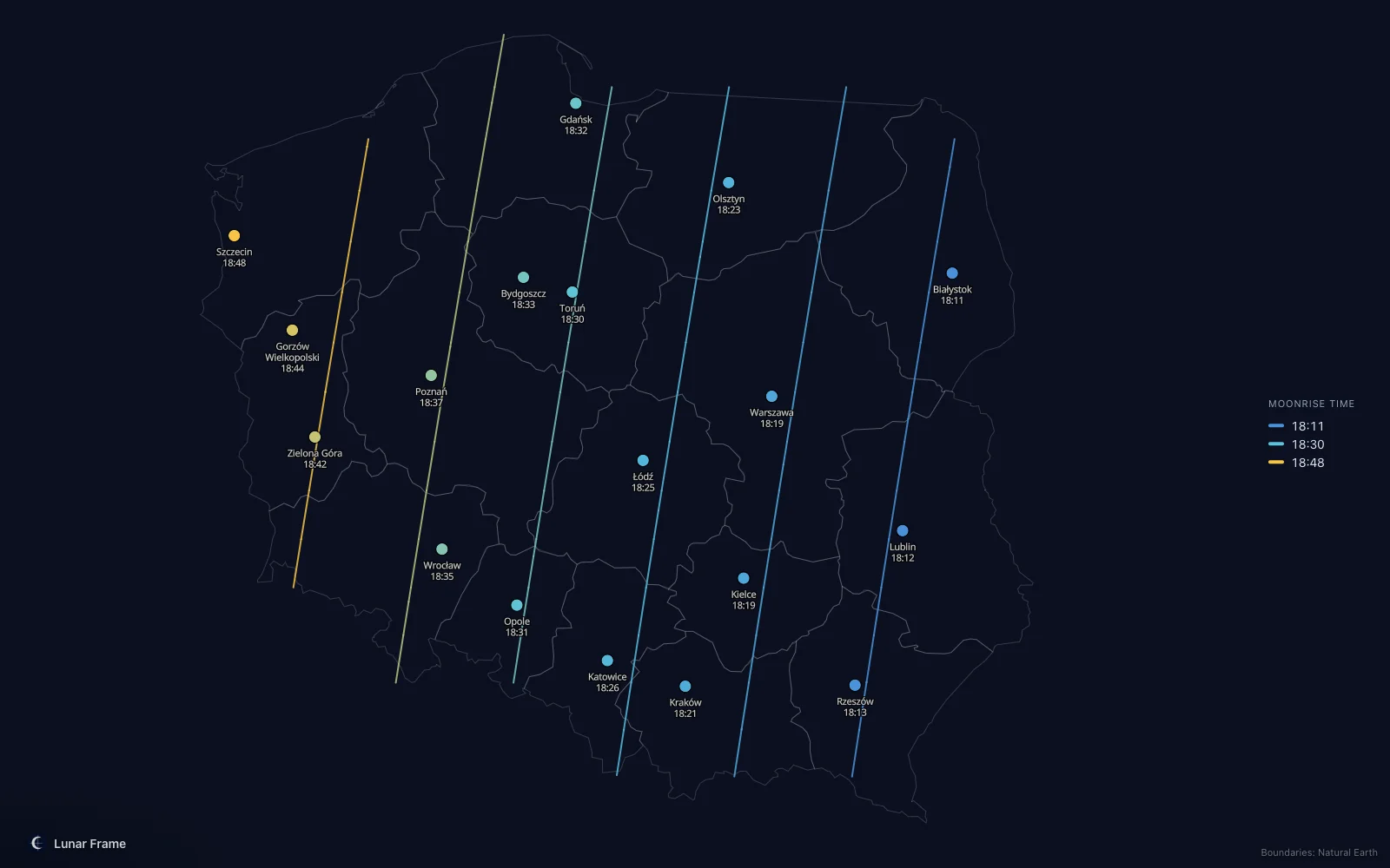 Map of moonrise times over Poland: Full moon on 22 March 2027