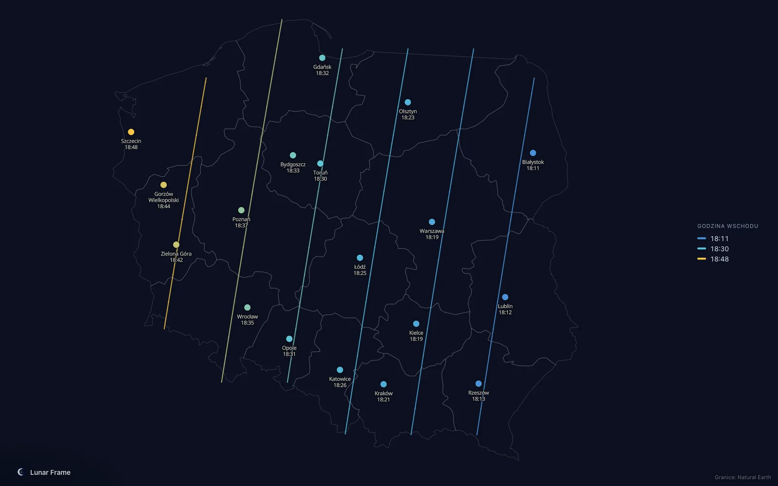 Mapa godzin wschodu Księżyca nad Polską: Pełnia Księżyca 22 marca 2027