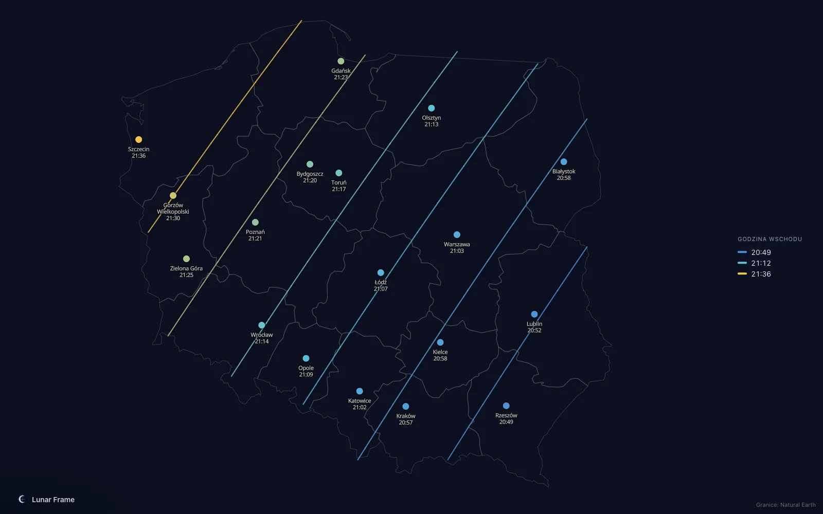 Mapa godzin wschodu Księżyca nad Polską: Pełnia Księżyca 21 kwietnia 2027
