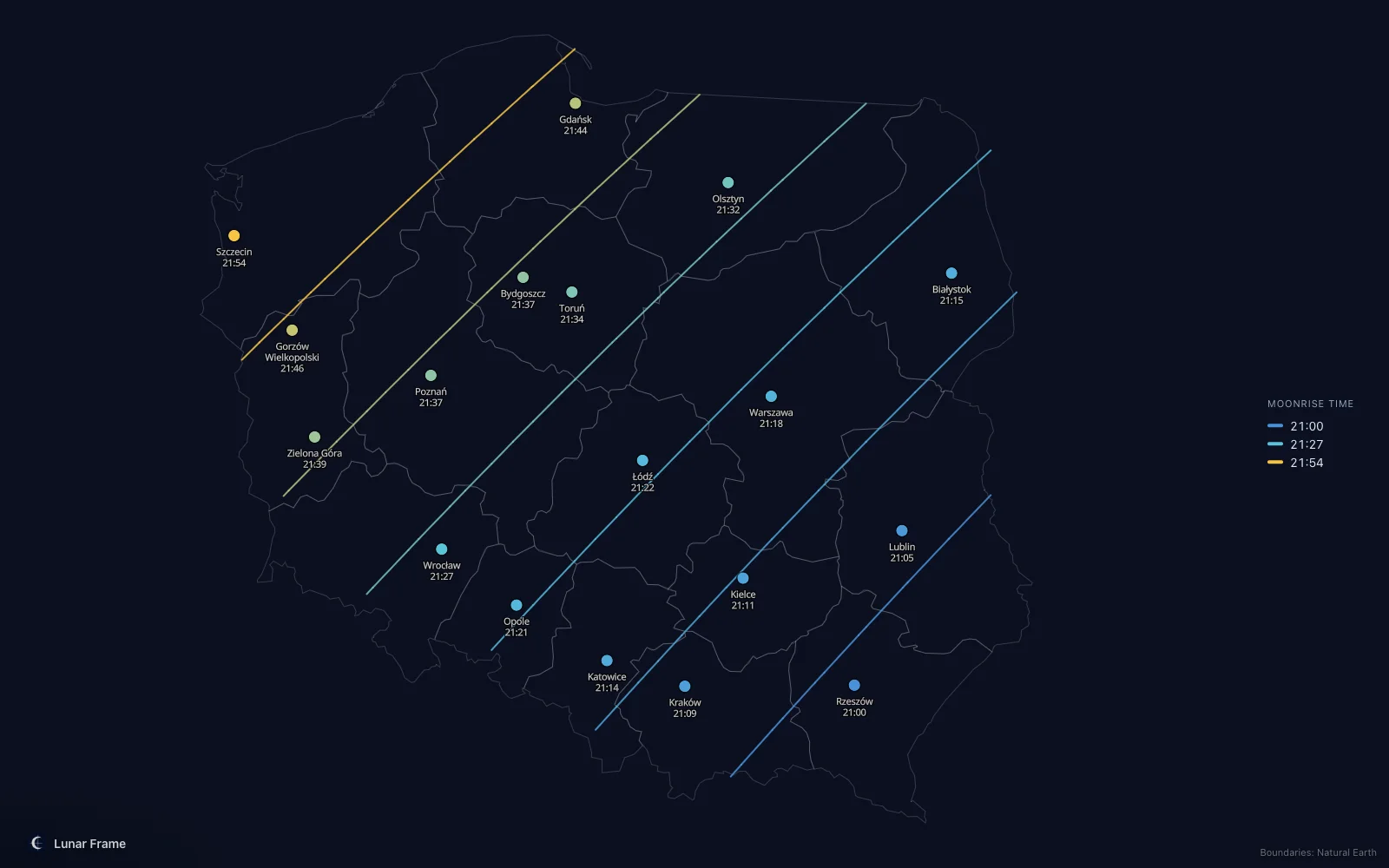 Map of moonrise times over Poland: Full moon on 20 May 2027