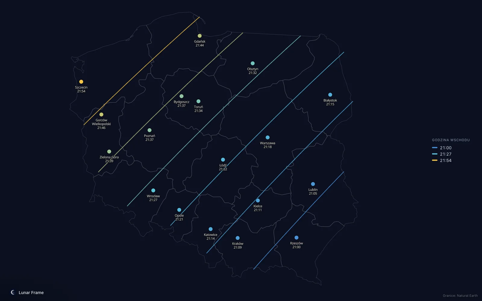 Mapa godzin wschodu Księżyca nad Polską: Pełnia Księżyca 20 maja 2027
