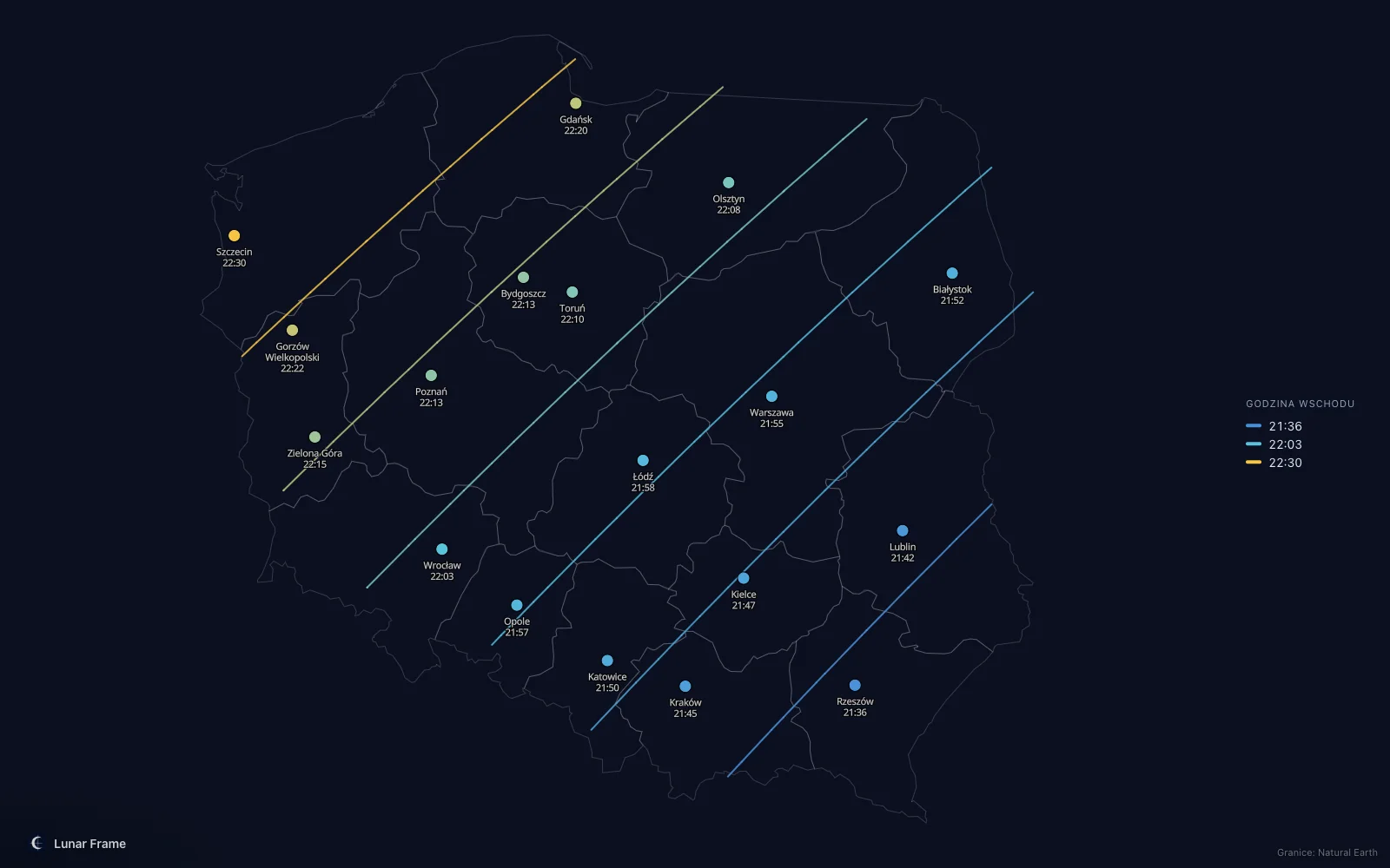 Mapa godzin wschodu Księżyca nad Polską: Pełnia Księżyca 19 czerwca 2027
