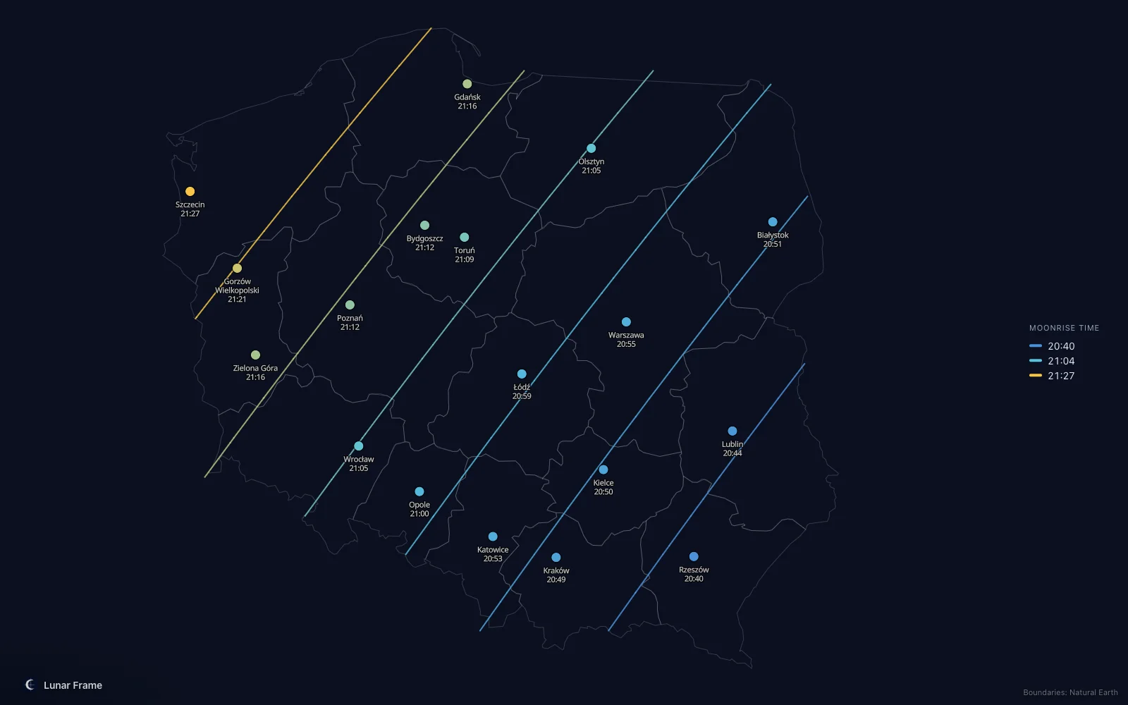 Map of moonrise times over Poland: Full moon on 18 July 2027