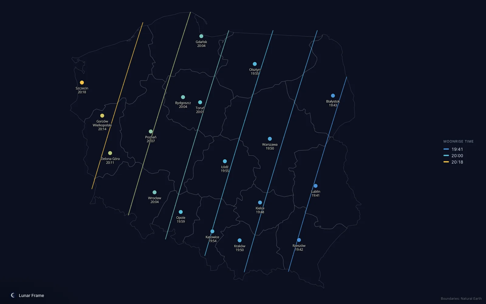 Map of moonrise times over Poland: Full moon on 17 August 2027