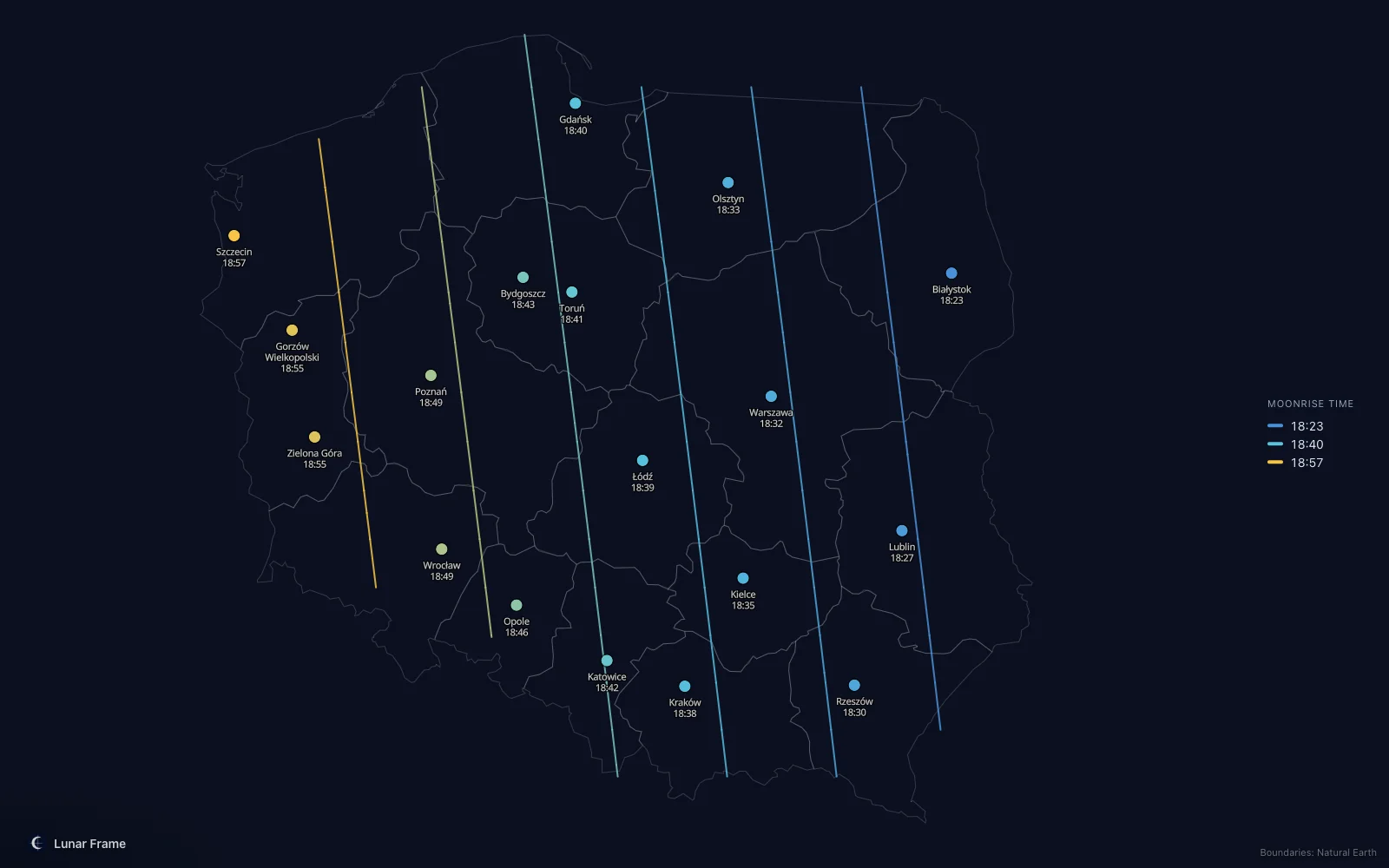 Map of moonrise times over Poland: Full moon on 16 September 2027