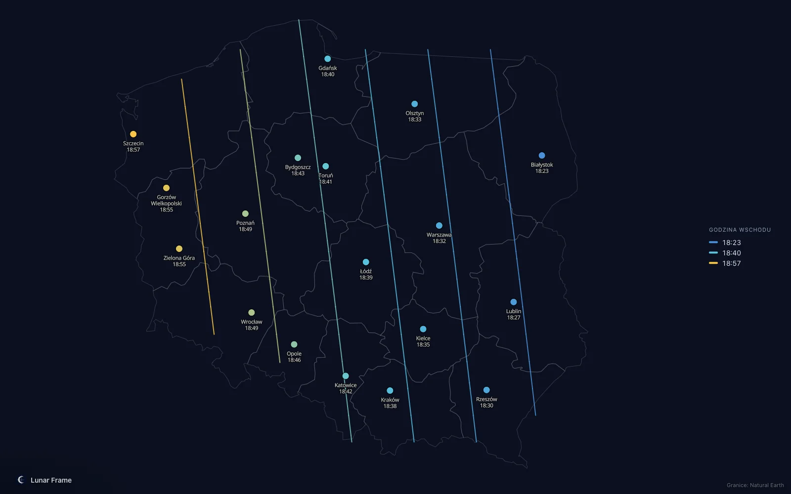 Mapa godzin wschodu Księżyca nad Polską: Pełnia Księżyca 16 września 2027