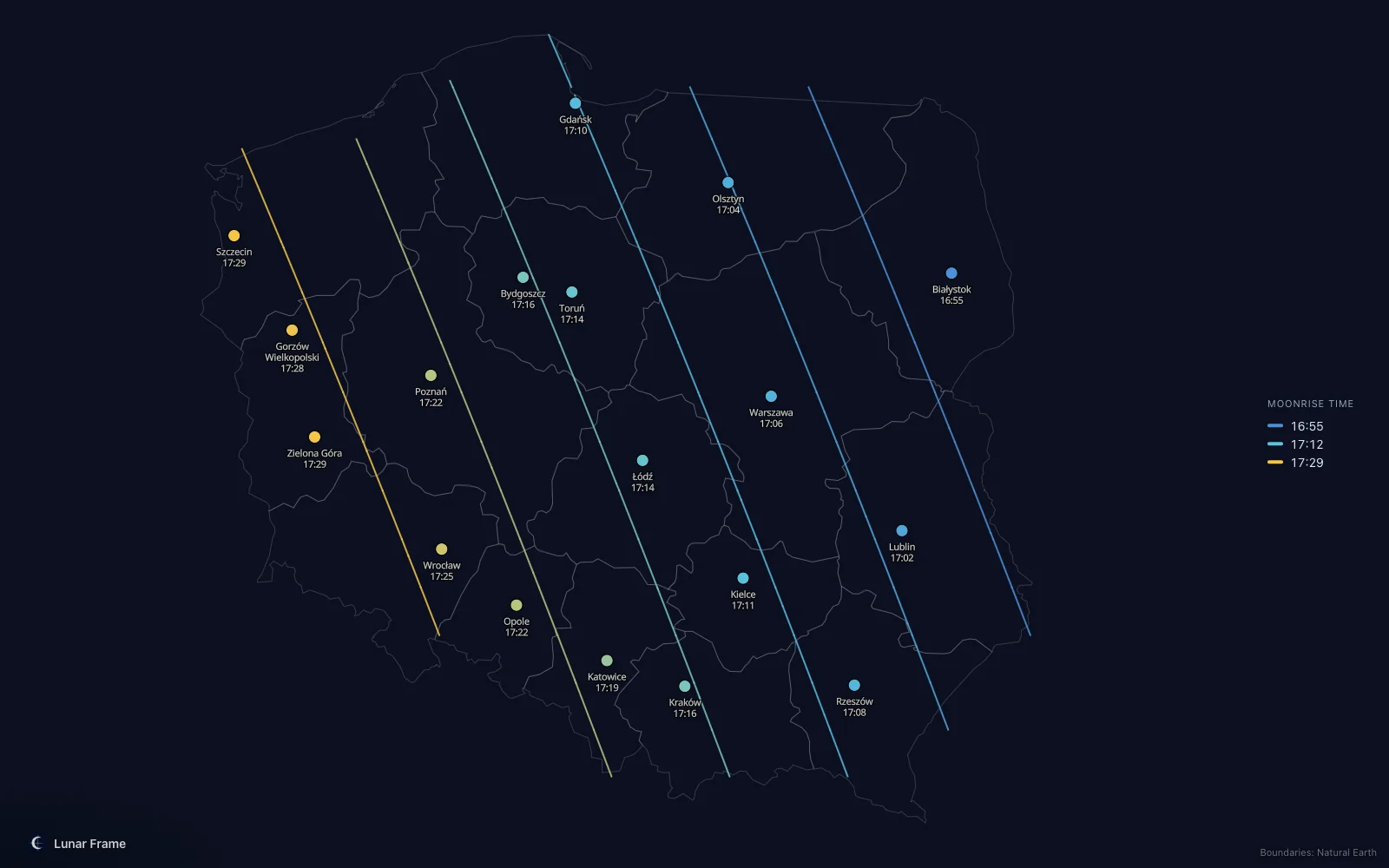 Map of moonrise times over Poland: Full moon on 15 October 2027