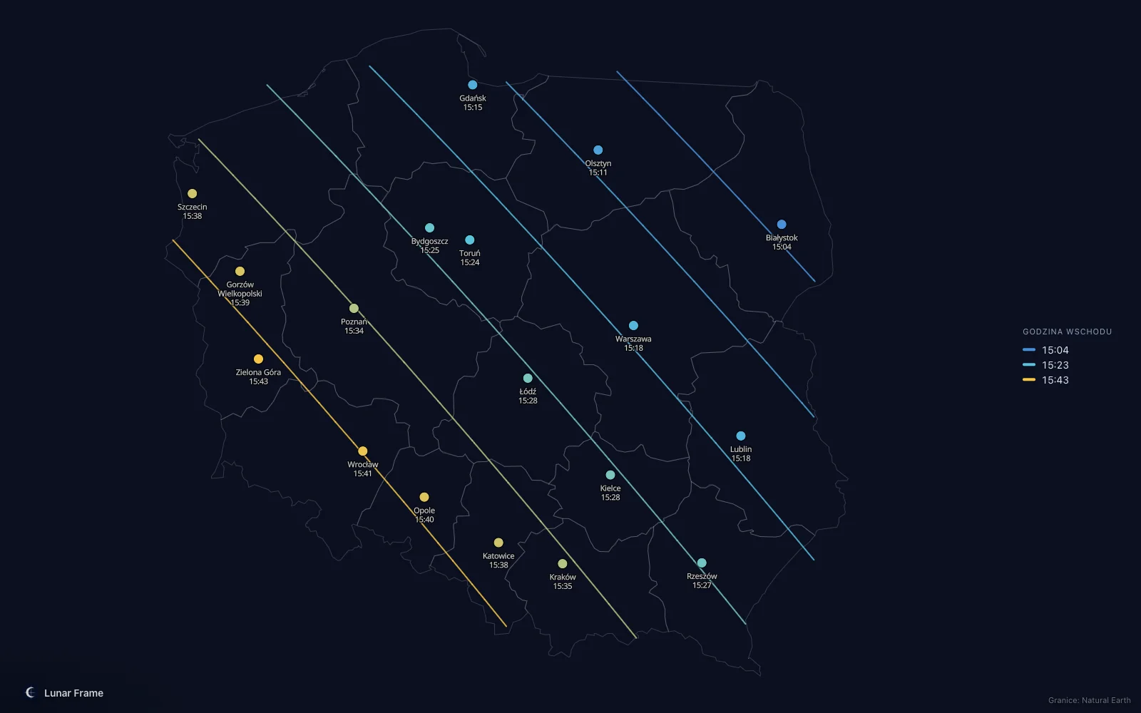 Mapa godzin wschodu Księżyca nad Polską: Pełnia Księżyca 14 listopada 2027