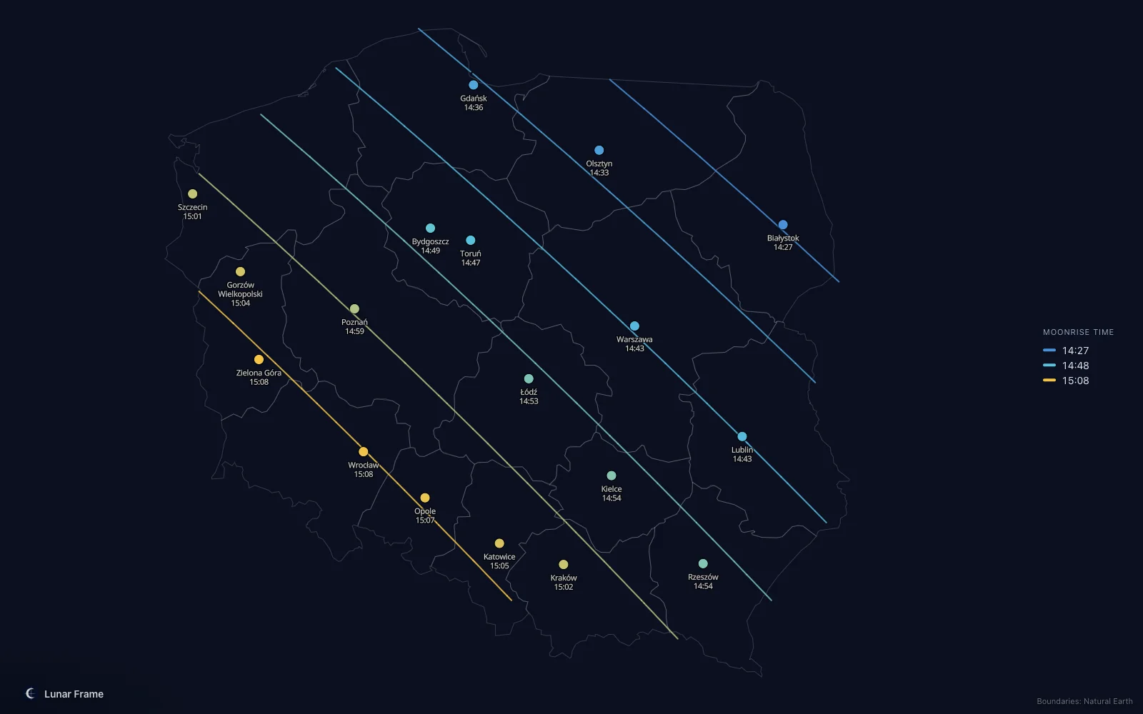 Map of moonrise times over Poland: Full moon on 13 December 2027