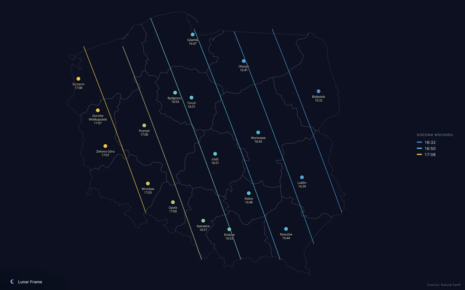 Mapa godzin wschodu Księżyca nad Polską: Pełnia Księżyca 10 lutego 2028