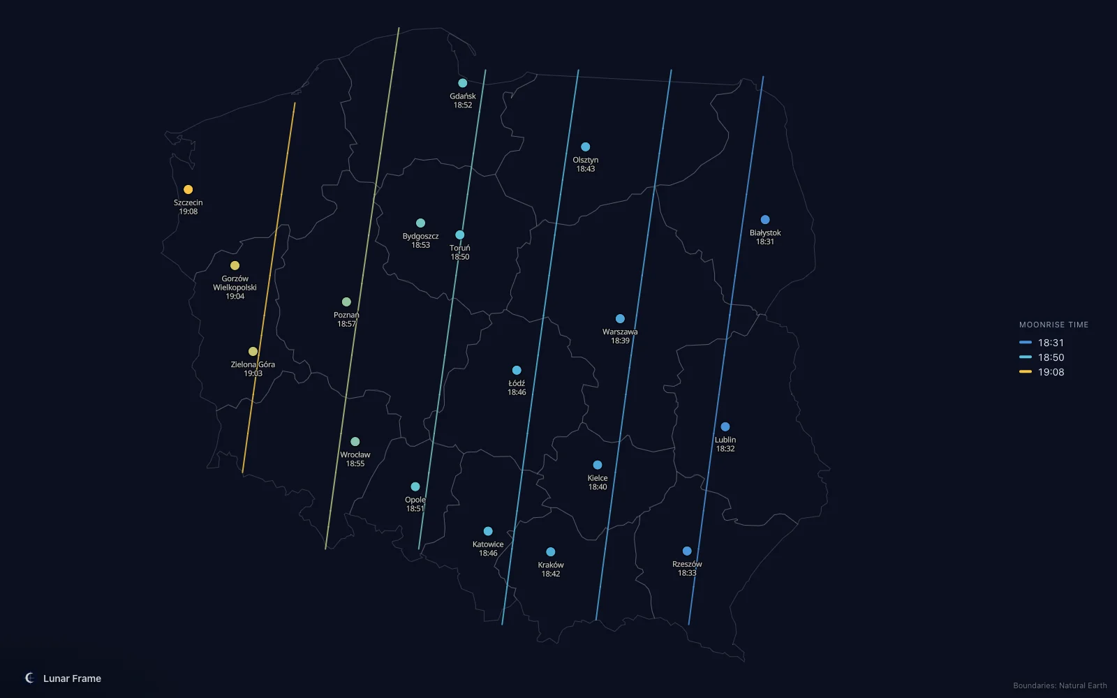 Map of moonrise times over Poland: Full moon on 11 March 2028