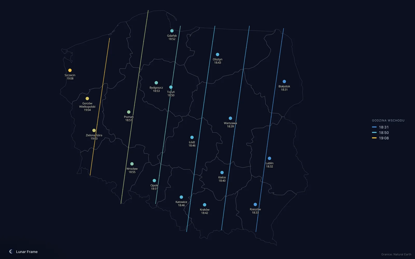 Mapa godzin wschodu Księżyca nad Polską: Pełnia Księżyca 11 marca 2028