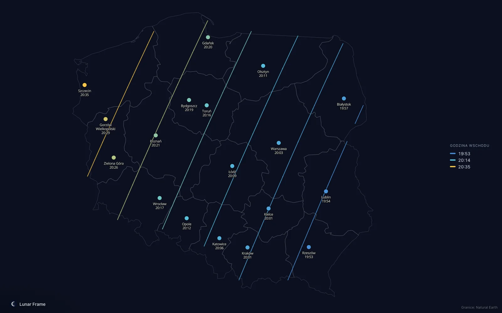 Mapa godzin wschodu Księżyca nad Polską: Pełnia Księżyca 9 kwietnia 2028