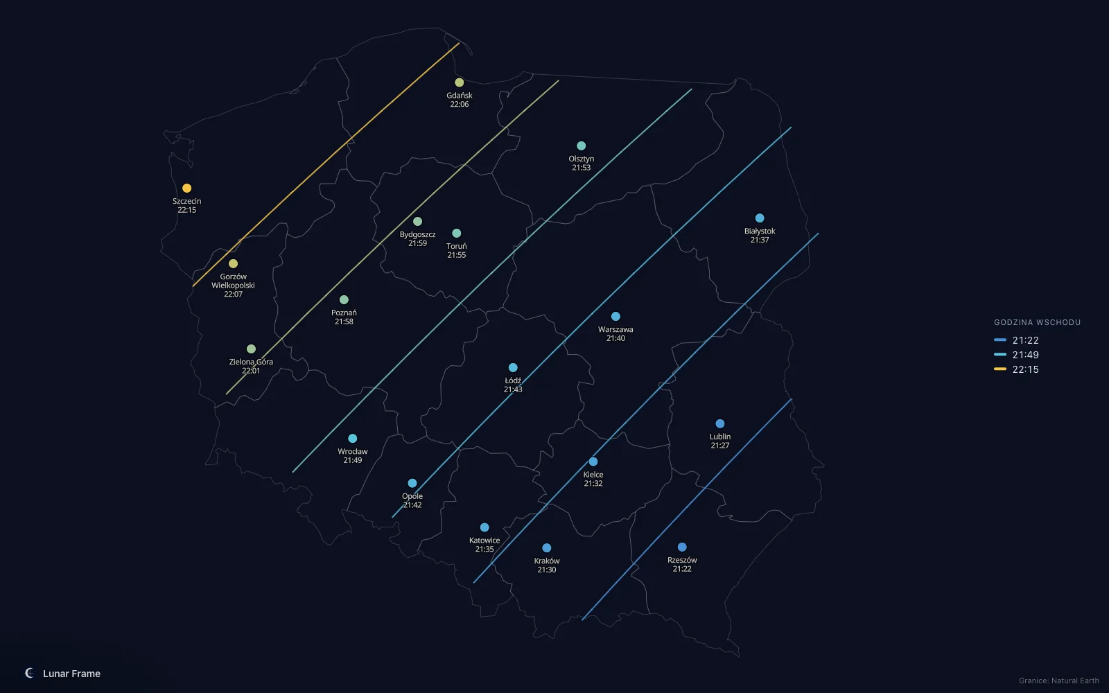 Mapa godzin wschodu Księżyca nad Polską: Pełnia Księżyca 7 czerwca 2028