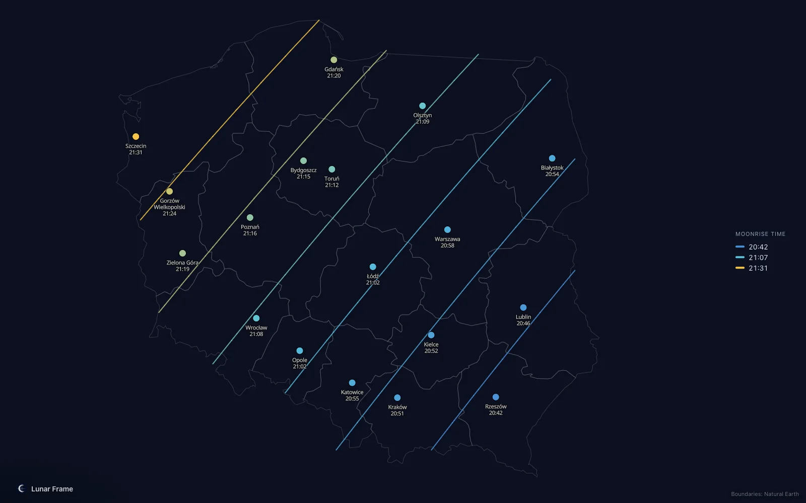 Map of moonrise times over Poland: Full moon on 6 July 2028