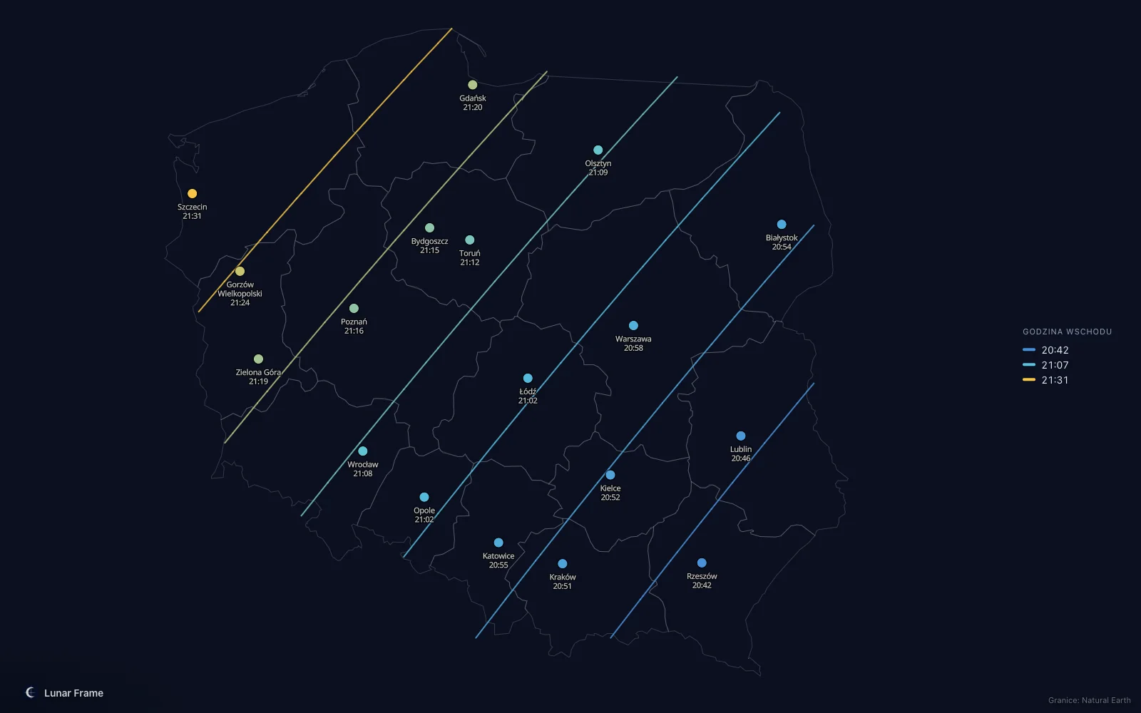 Mapa godzin wschodu Księżyca nad Polską: Pełnia Księżyca 6 lipca 2028