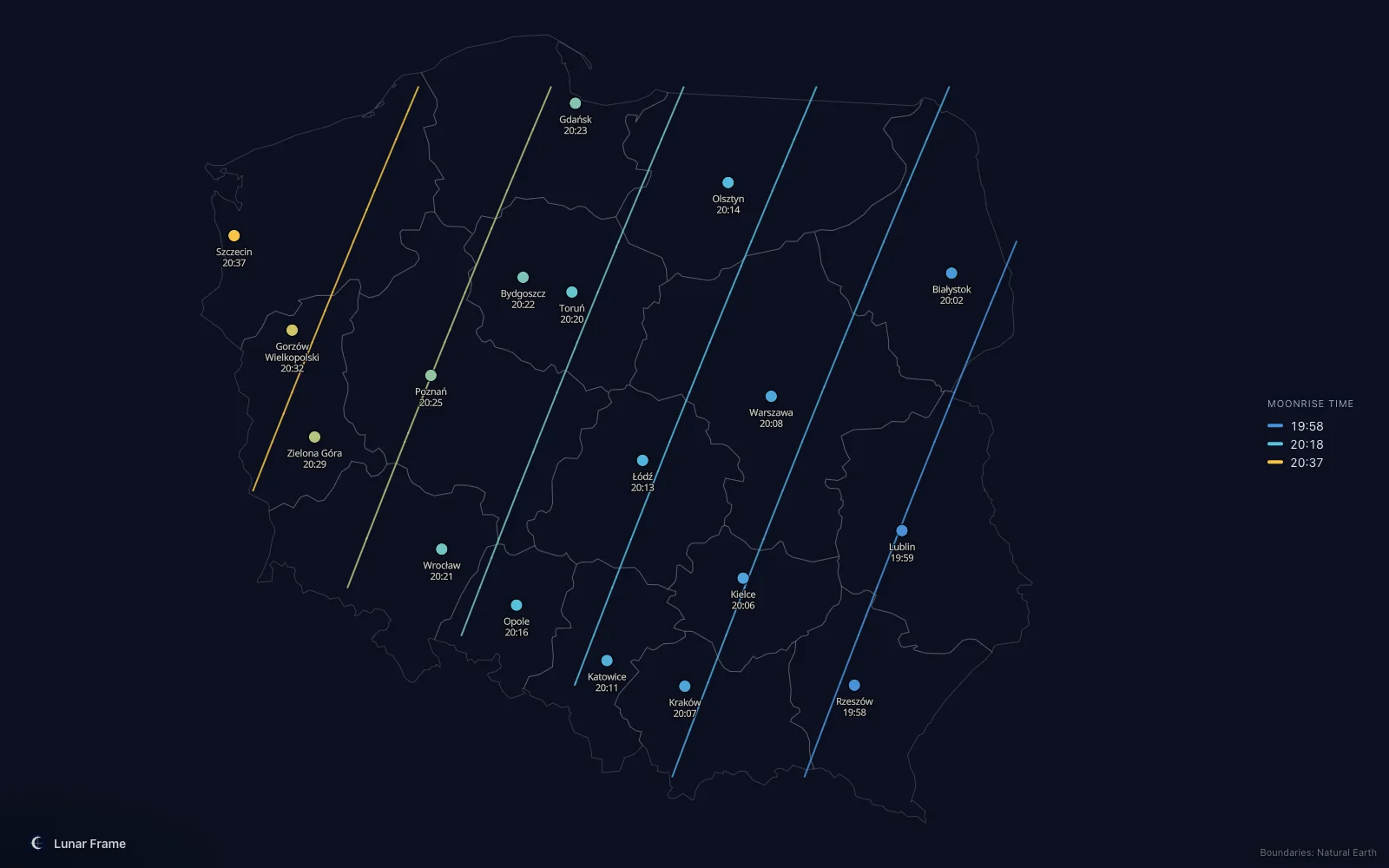 Map of moonrise times over Poland: Full moon on 5 August 2028