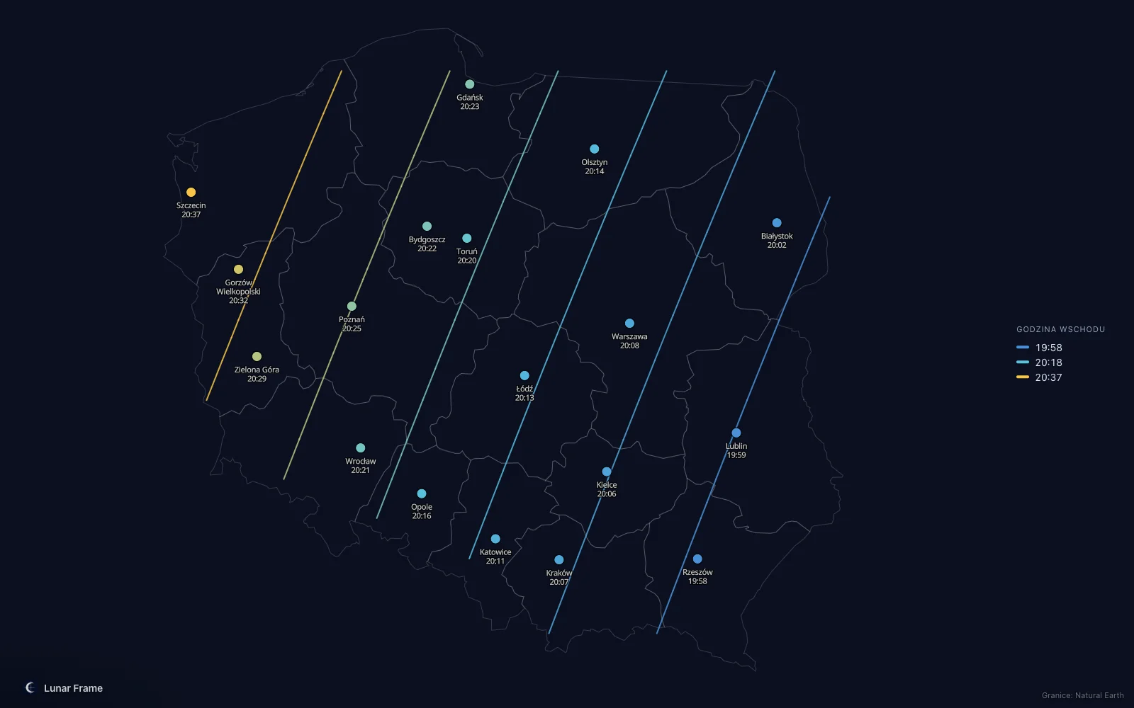 Mapa godzin wschodu Księżyca nad Polską: Pełnia Księżyca 5 sierpnia 2028