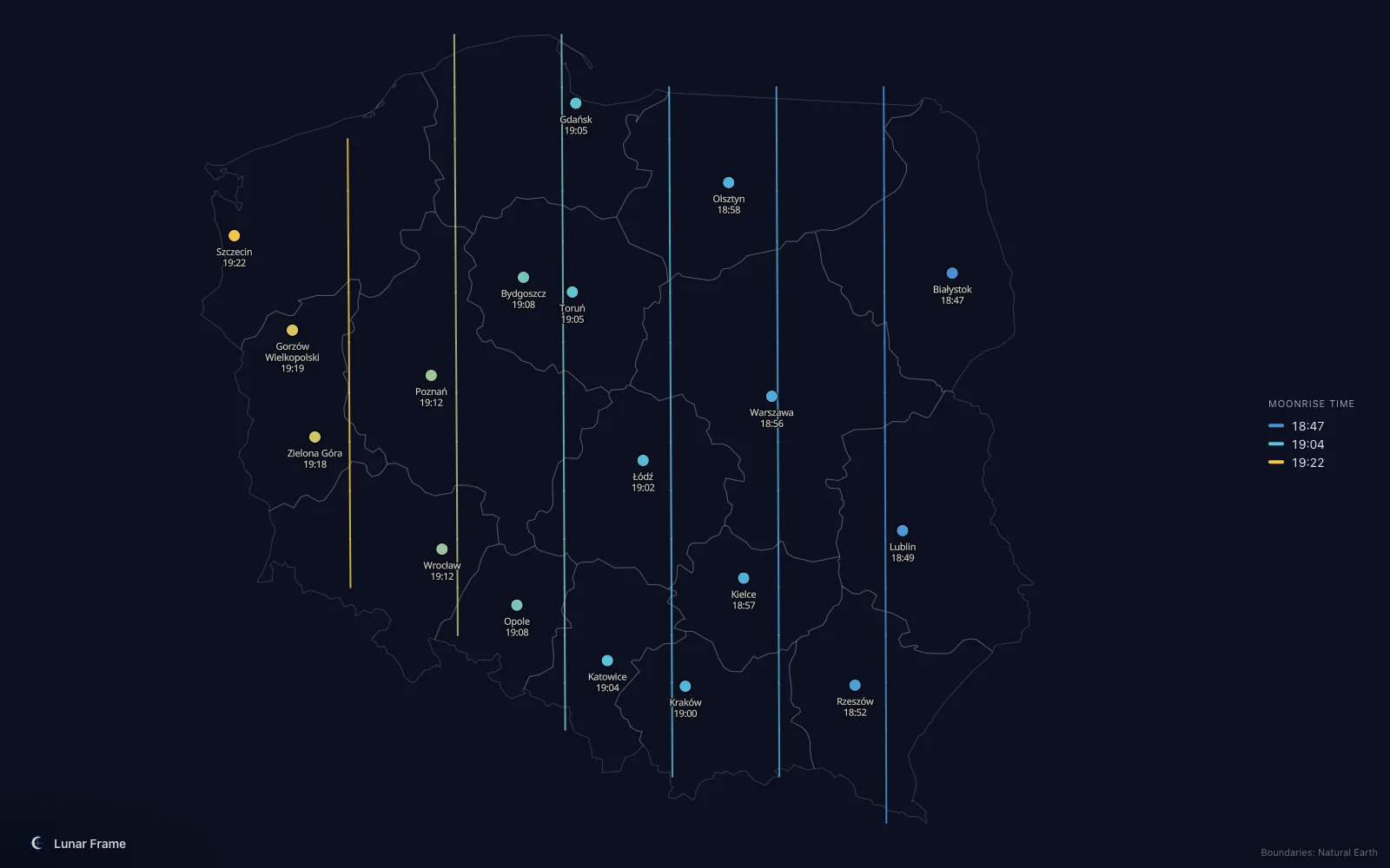 Map of moonrise times over Poland: Full moon on 4 September 2028