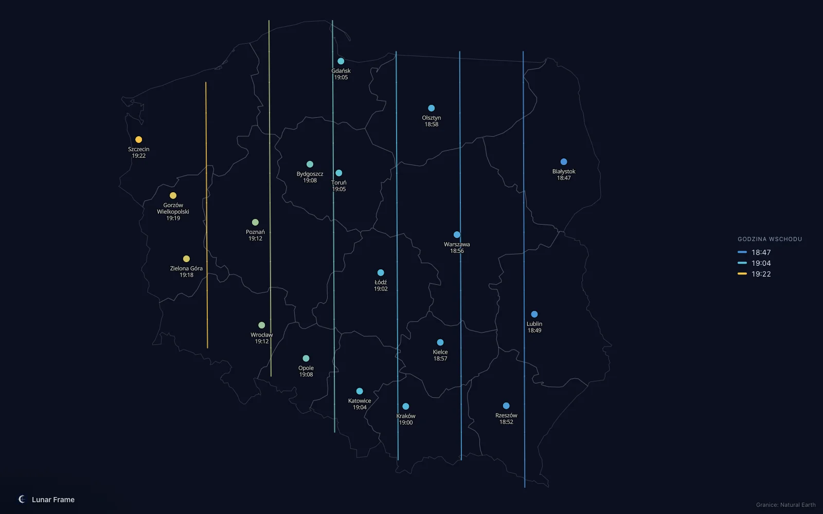 Mapa godzin wschodu Księżyca nad Polską: Pełnia Księżyca 4 września 2028