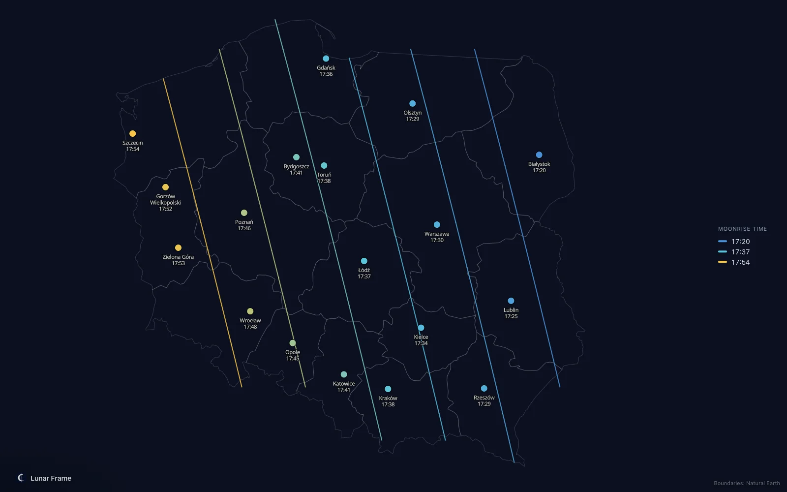 Map of moonrise times over Poland: Full moon on 3 October 2028