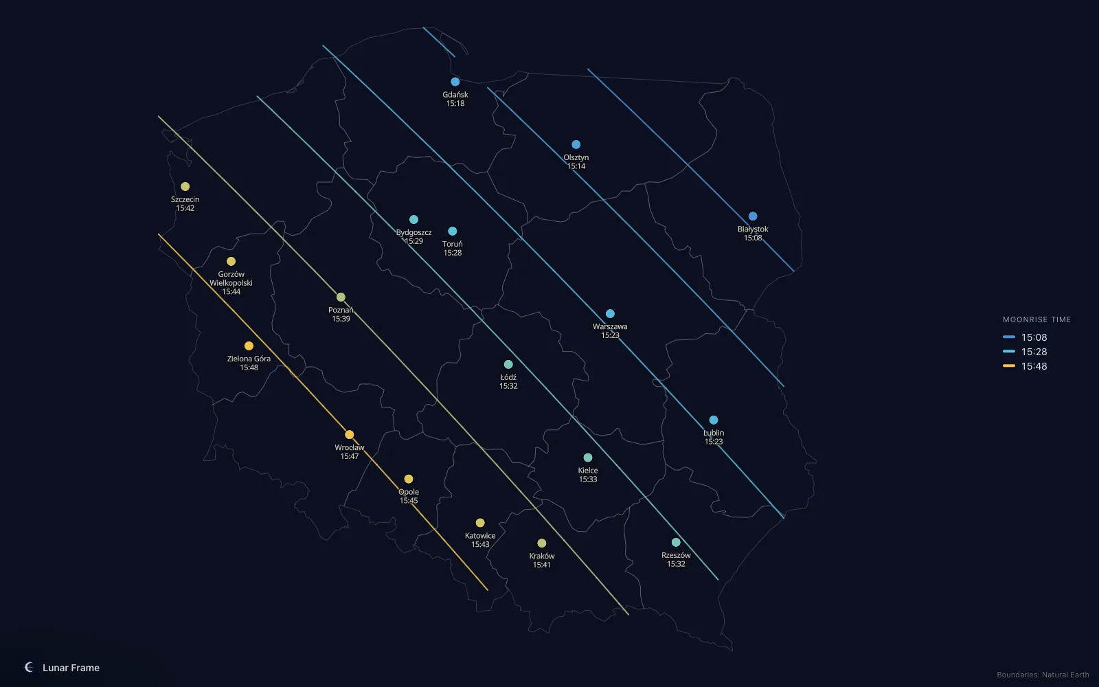 Map of moonrise times over Poland: Full moon on 2 December 2028