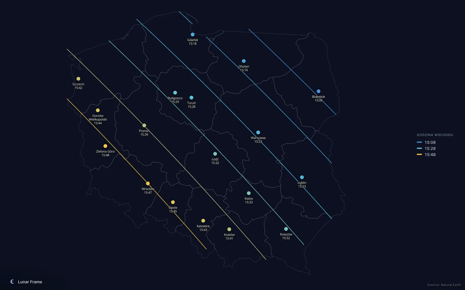 Mapa godzin wschodu Księżyca nad Polską: Pełnia Księżyca 2 grudnia 2028