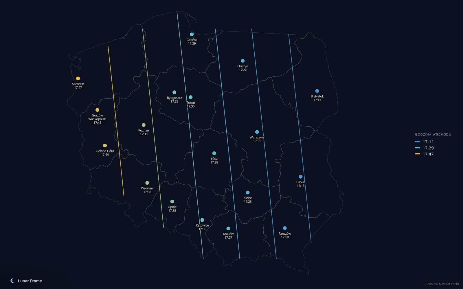 Mapa godzin wschodu Księżyca nad Polską: Pełnia Księżyca 28 lutego 2029